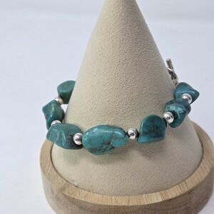 Turquoise Stones Bracelet With‎ Sterling Silver Beads Chunky Toggle Size 7.5"